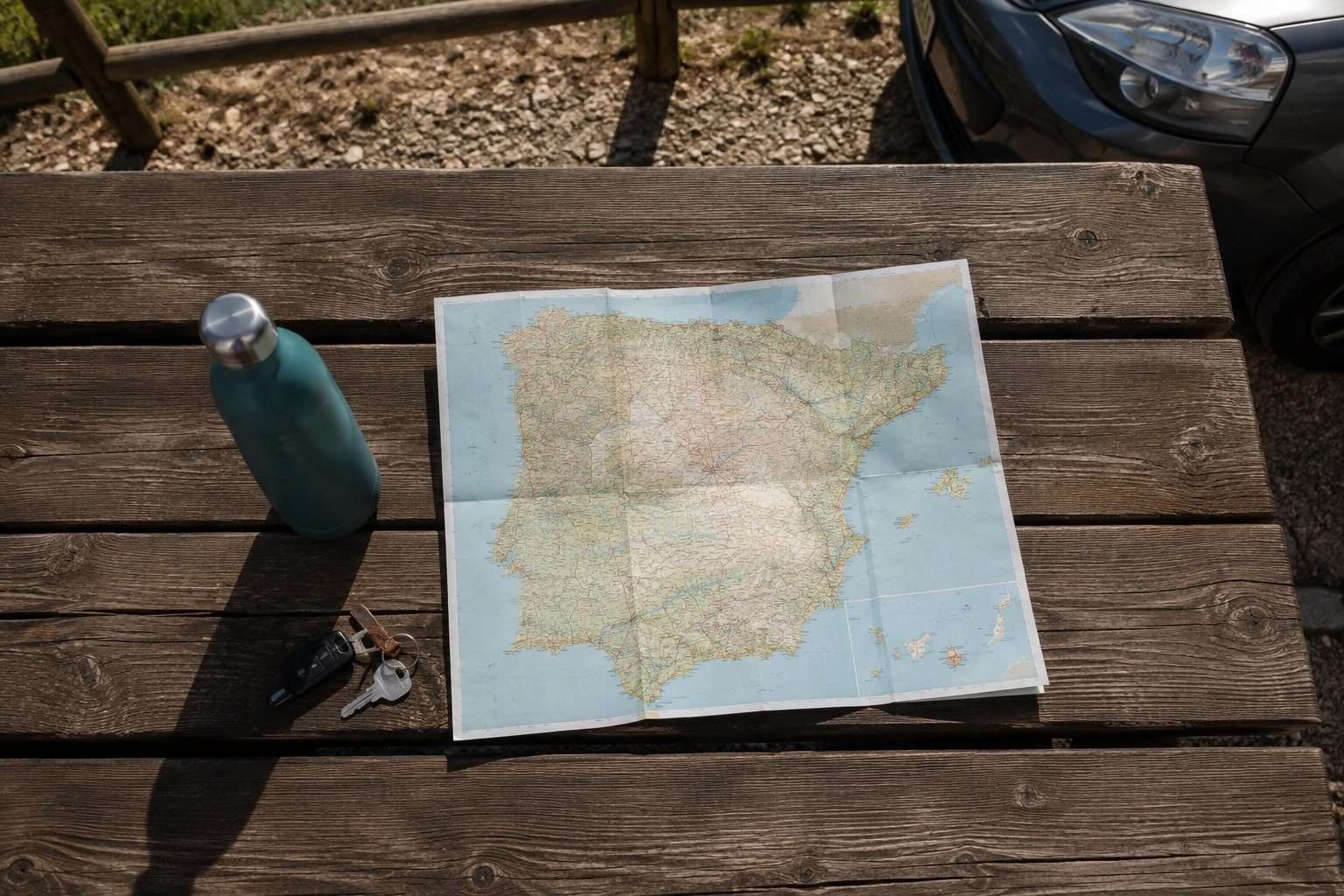 Mapa de papel, botella de agua y llaves junto a un coche aparcado en un mirador.